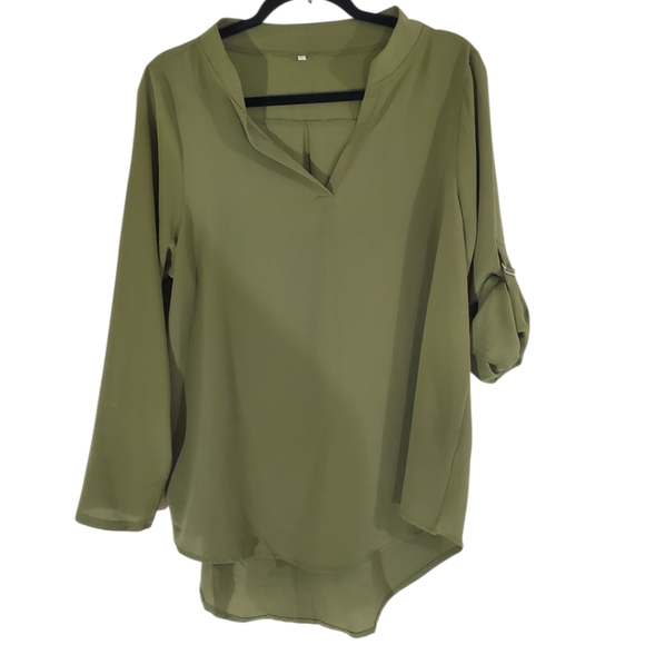 OLIVE GREEN Woman's Blouse Size Large Roll Tab Sleeves - Picture 2 of 6